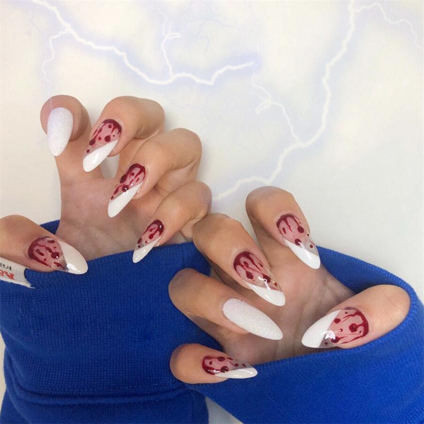 24Pcs Dark Punk Skeleton Long Coffin Ballet Press On Nails Reusable Fake Nail Kit Artificial Acrylic Tips