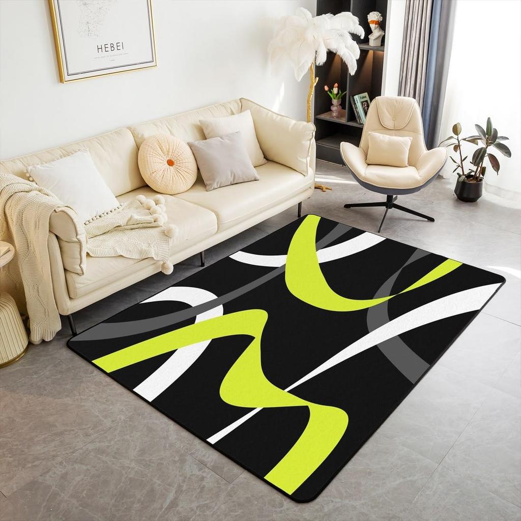 Modern Abstract Curve Print Area Rug, Black Pink & White Design Non-Slip Floor Mat for Living Room Bedroom Home Decor Carpet