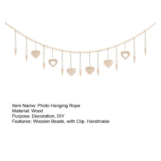 Photo Frame Hanging Rope Bohemian Style Wooden Beads Handmade Non-slip with Clip DIY Craft Gift Wall Picture Mats Clip Holder Organizer Home Decor