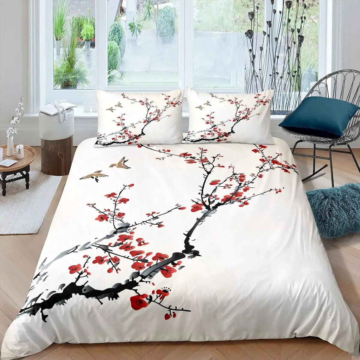 Comforter Red Plum Blossom King Queen Ink Landscape Painting Bedding Set Chinese Style Polyester Comforter Comforter (quilt)-EU Single(135*200cm)3pcs
