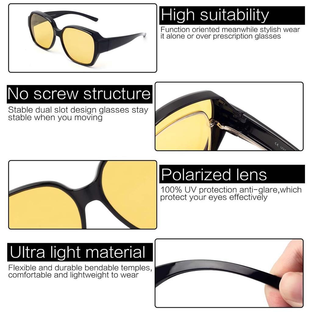 Night Vision Driving Glasses Fit Over Eyeglasses for Men Women, Large Polarized Nighttime Glasses Anti Glare Lens 2pack T01