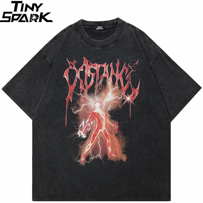 Hip Hop Retro Washed Black TShirt Streetwear Vintage Graphic Lightning Power T Shirt Cotton Unisex Tshirt Men Tops Tee YK