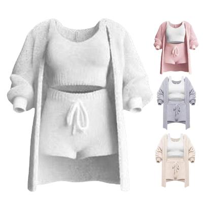 3 Pcs/Set Women Vest Shorts Coat Set Long Sleeve Thick Coat V Neck Sleeveless Top Drawstring
