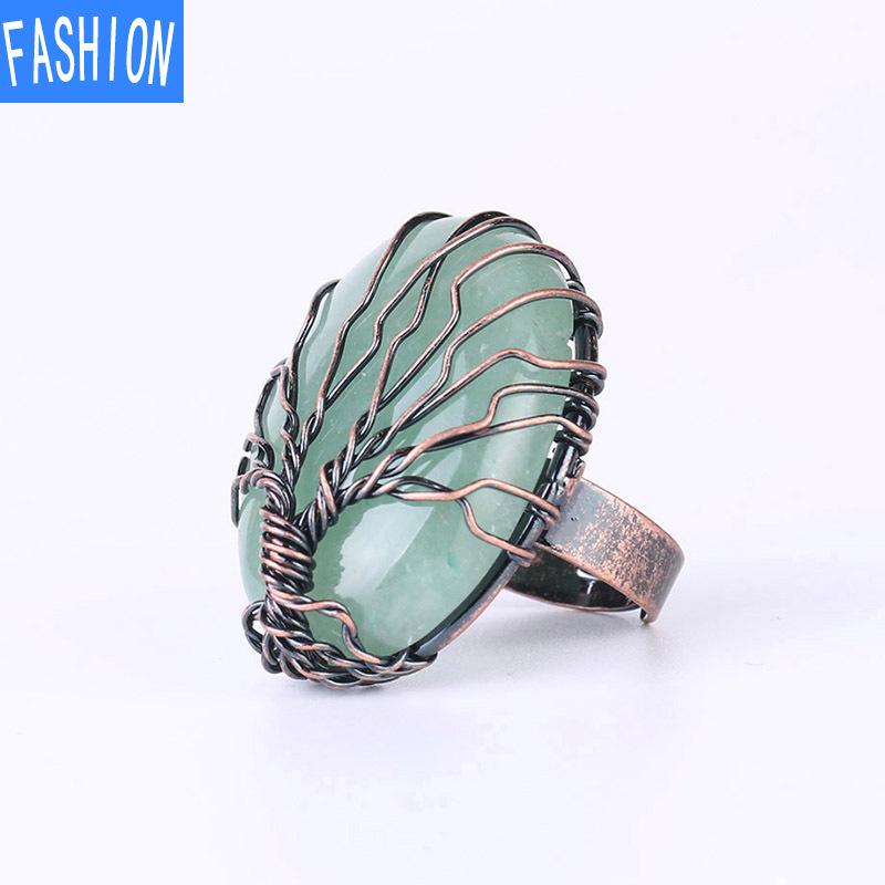 Vintage Kupfer handgefertigter Wire Wrap runder natürlicher Kristall Baum Leben verstellbarer Ring