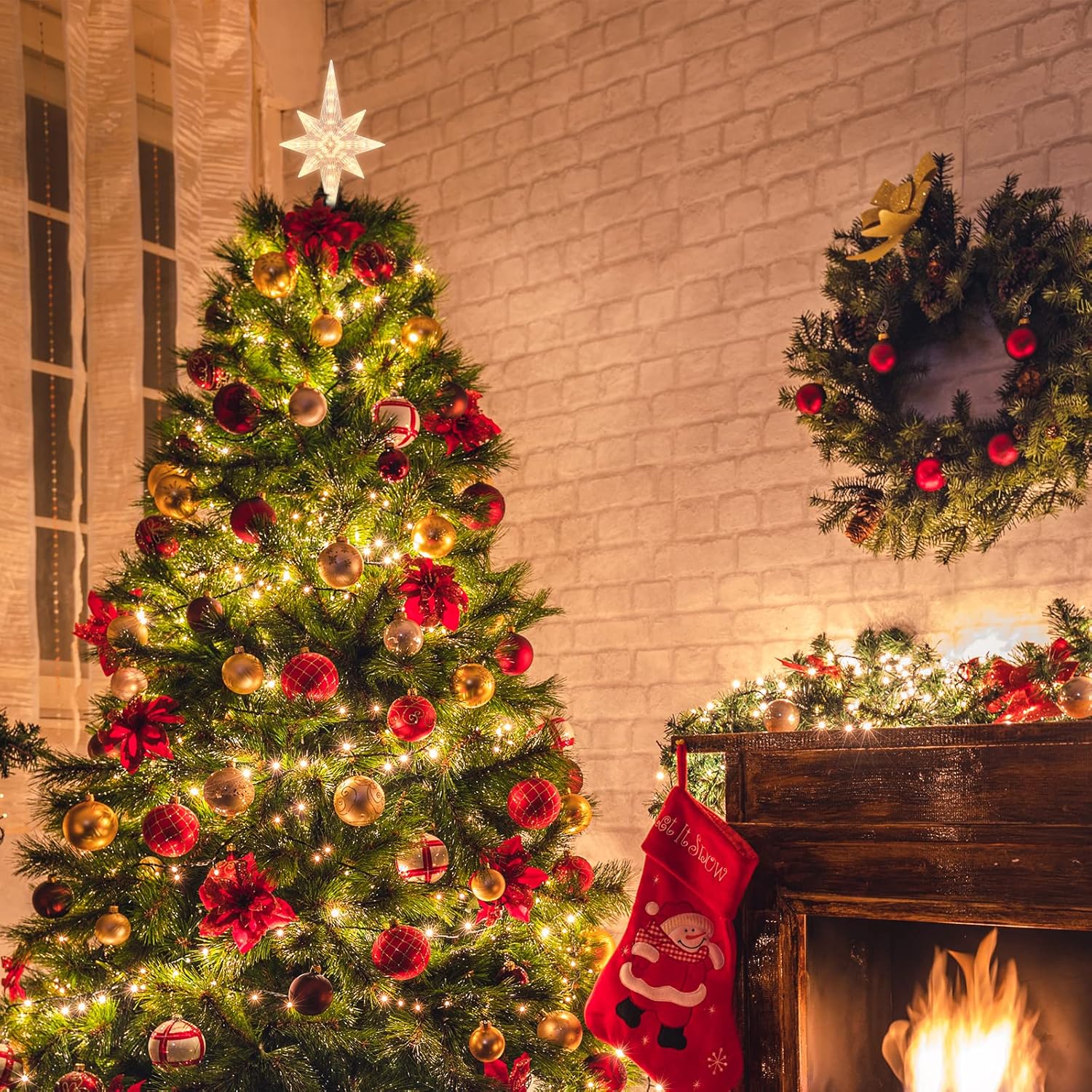 Светящийся верхушка для рождественской елки, Вифлеемская звезда, верхушка с 41 светодиодной теплой белой гирляндой, Праздничное украшение для рождественской елки.