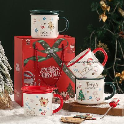 Weihnachts-Keramiktasse Geschenk mit Henkel, Becher, Kreative Geschenkbox mit Deckel und Löffel, Wasserbecher für Paare, Weihnachtsgeschenktasse