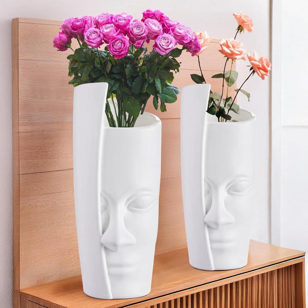 2 Pcs Poly Fiber 12 Inch Aesthetic Flower Vase Long for Living Room and Center Table Bedroom | White Vase for Home Decoration