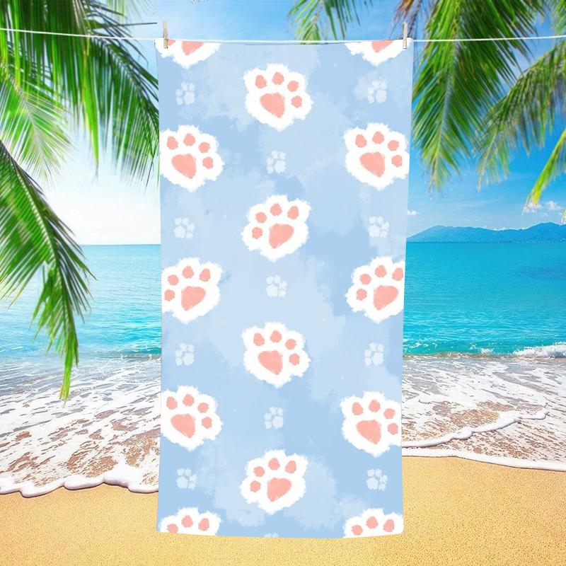 Light Blue Watercolor Pink Paw Print Beach Towel Cute Cat Dog Paw Simple Print Towel Quick Dry Absorbent Towel for Summer