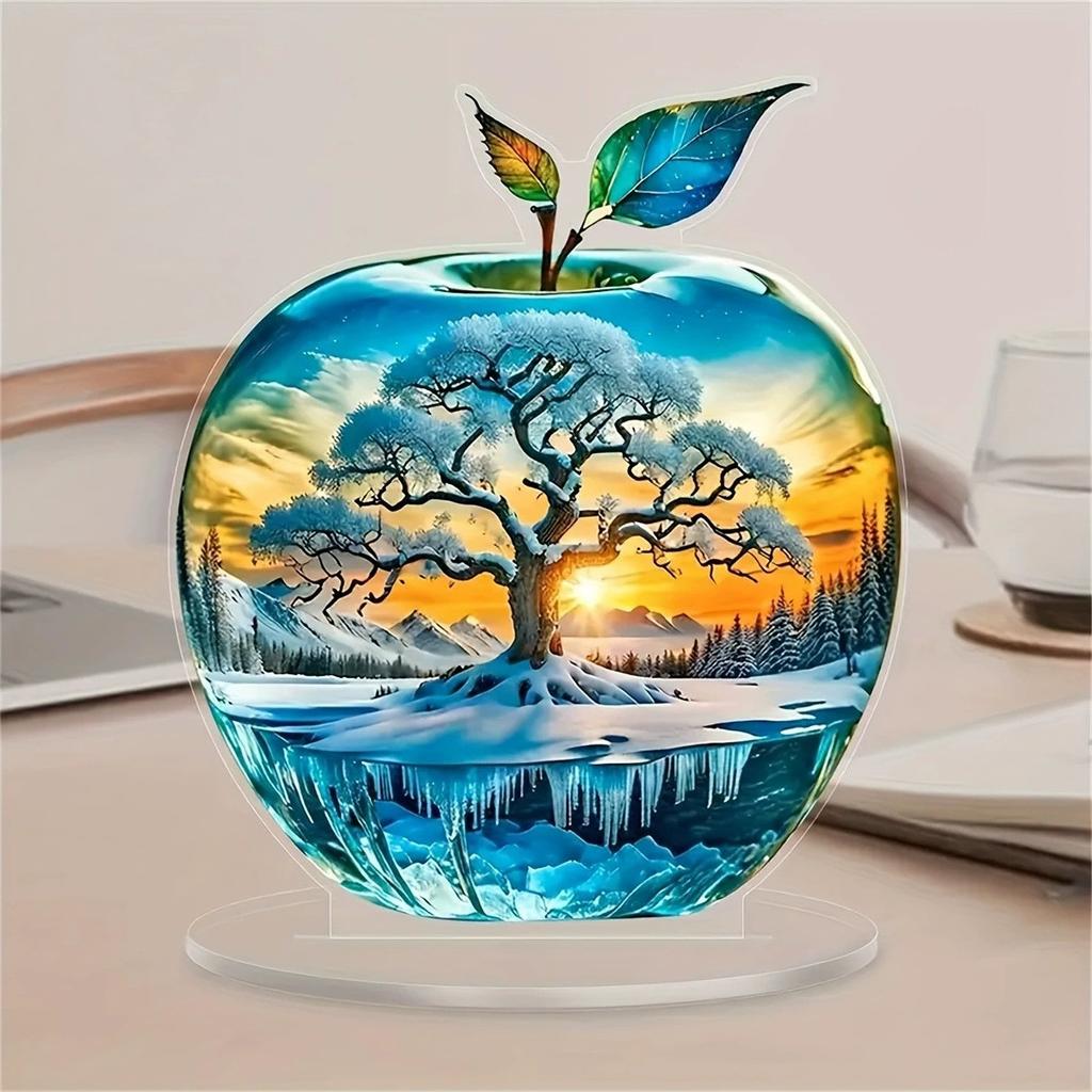 Acrylic Apple-Shaped Table Ornament with Floral Landscape Design 2D