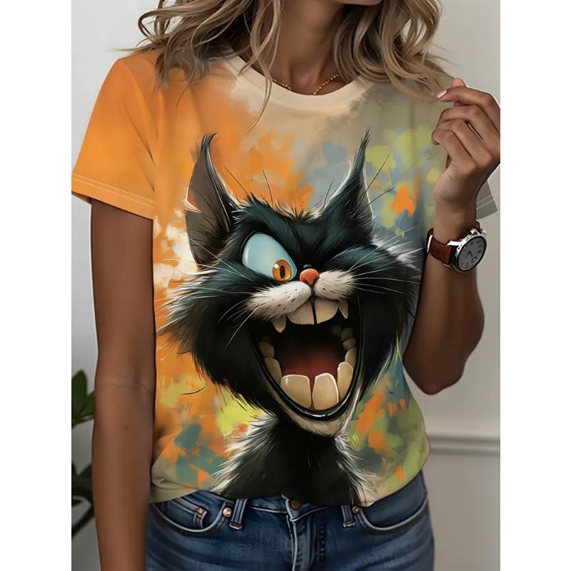 Fashion Women's Animal Short Sleeve 3D Animal Color Printing Crew Neck T-Shirt Crew Neck Short Sleeve