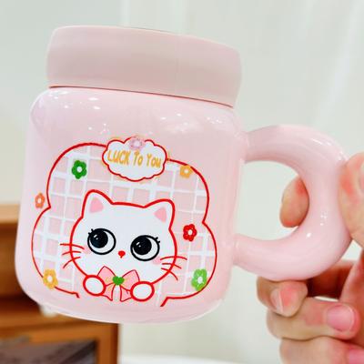 Cartoon Cat with Lid Mirror Ceramic Cup Cute Cartoon Mug High-looking Home Water Cup for Office Girls