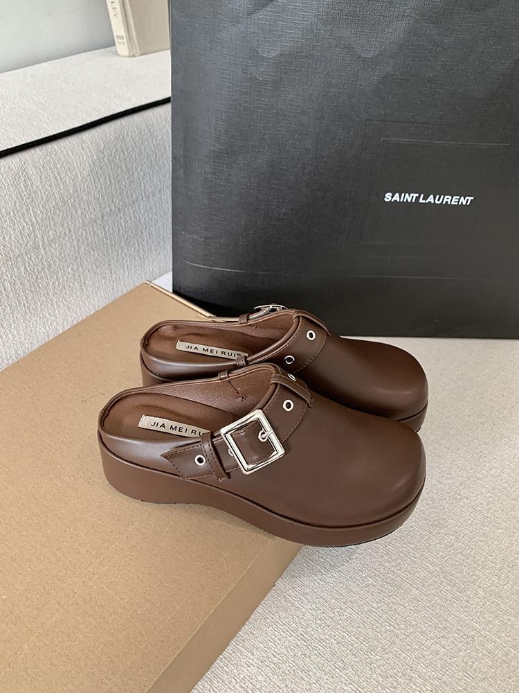 

Модные летние сандалии-клоги для женщин, ярко-черные, универсальные для通勤, мюли с кожаными носками и тапочки на высокой подошве 39 коричневый