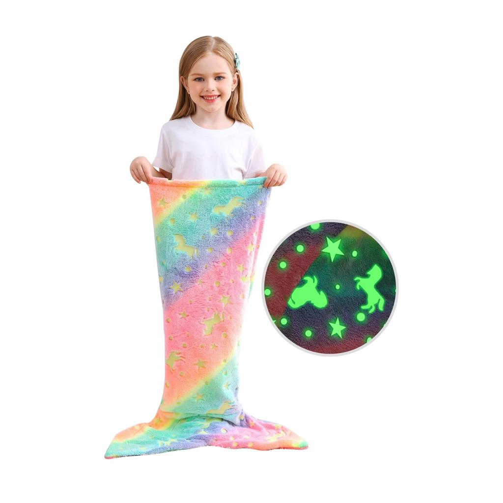 Cartoon Rainbow Unicorn Mermaid Tail Blanket Super Soft Glow In The Dark Flannel Mermaid Tail Blanket Gifts for Girls