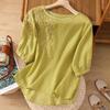 Damen Stickerei Baumwolle Leinen Blusen Locker Kurzarm T-Shirt Retro Schlankmachend Rundhals Shirts