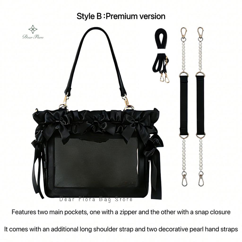 New Y2K Ribbon Bow Ita Crossbody Bag Sweet Girls Transparent Large Capacity Shoulder Bag DIY Display Handbag Lady Satin Tote Bag