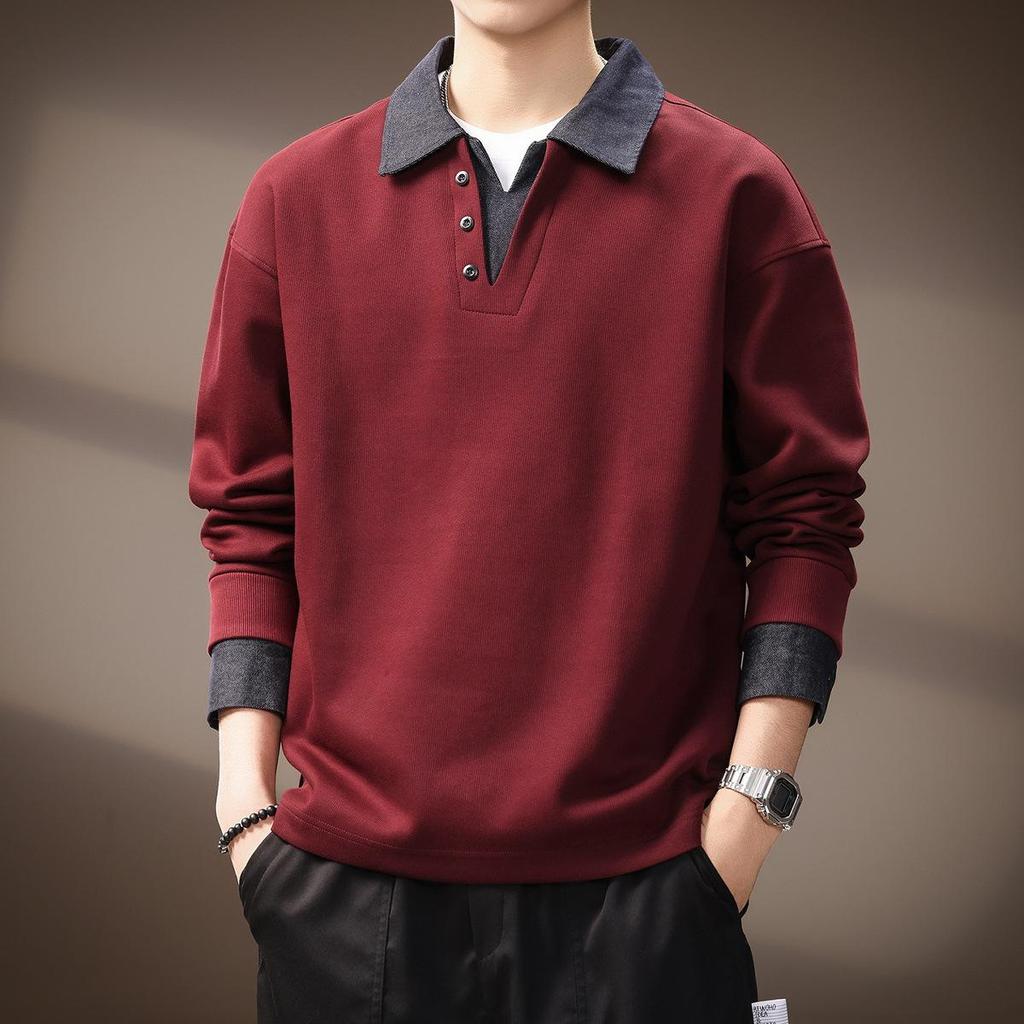 Men's Retro Fleece-Lined Color Block Denim Polo Hoodie