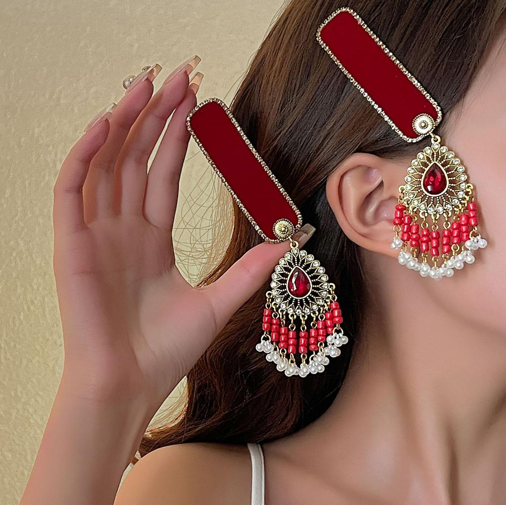 Ethnic Style Red Diamond Fringed Hairpin, New Year'S Retro Bohemian Fashion Temperament Hair Accessories