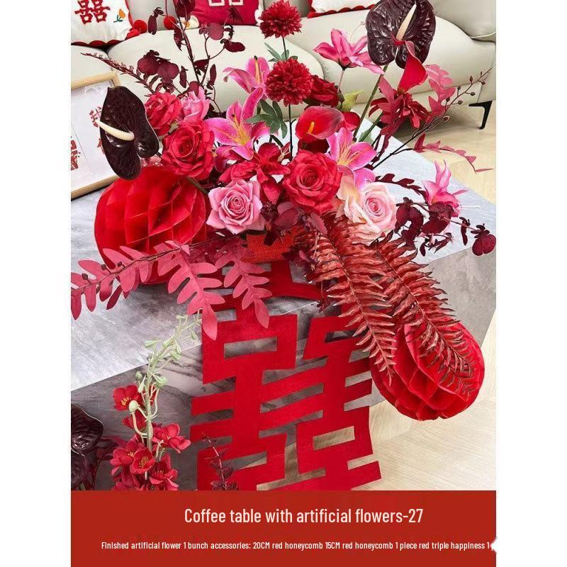 Red Wedding Artificial Flower Arrangement for Living Room, Coffee Table, or Bedside Table Décor