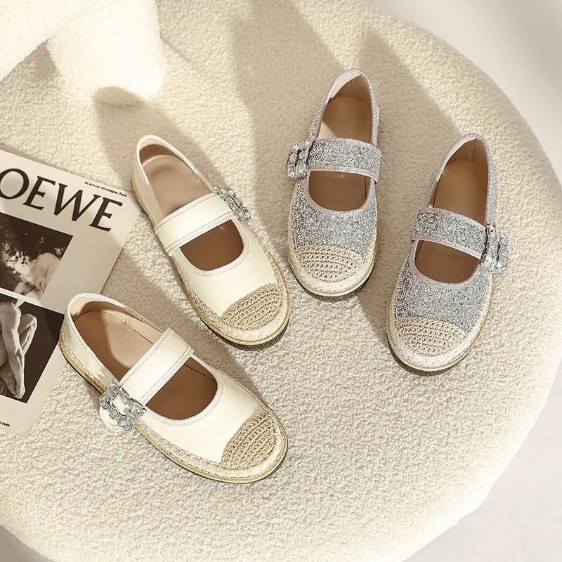 Fashion Silver Glitter Sequins Espadrilles Shoes Woman Fisherman Loafers Rhinestone Buckle Belt Flats Moccasines Ladies Hemp Mary Janes