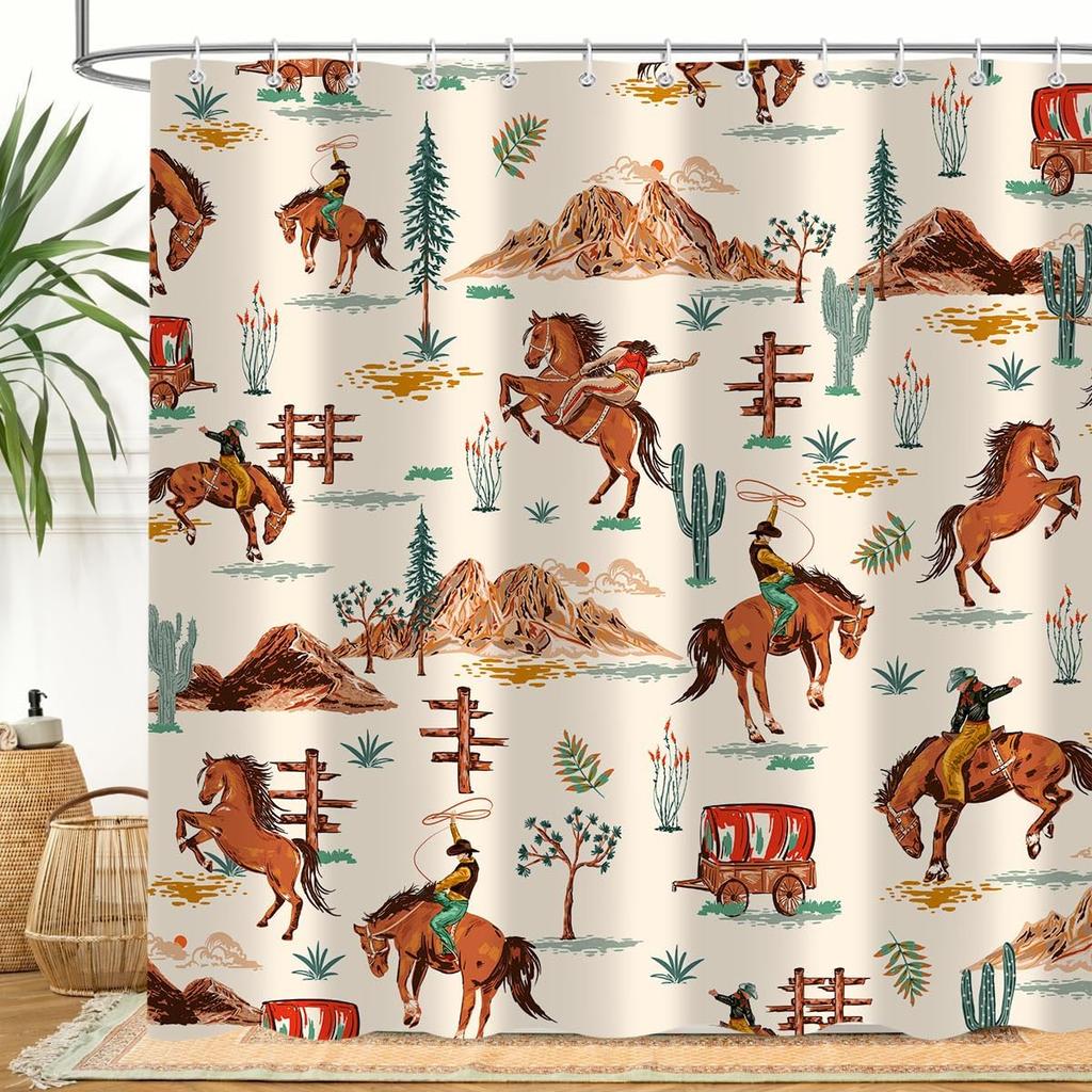 Cute Highland Cow Shower Curtain, Cactus Western Aztec Cattle Farm Animal Southwest Boho Bohemian Bathroom Curtains, Waterproof