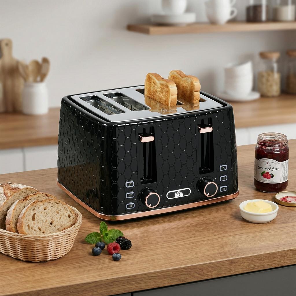 4 Slice Toaster with 7 Browning Levels, High Lift, Reheat/Defrost/Cancel, Self-centring Function, Removable Crumb Tray, Auto Off, 1600W