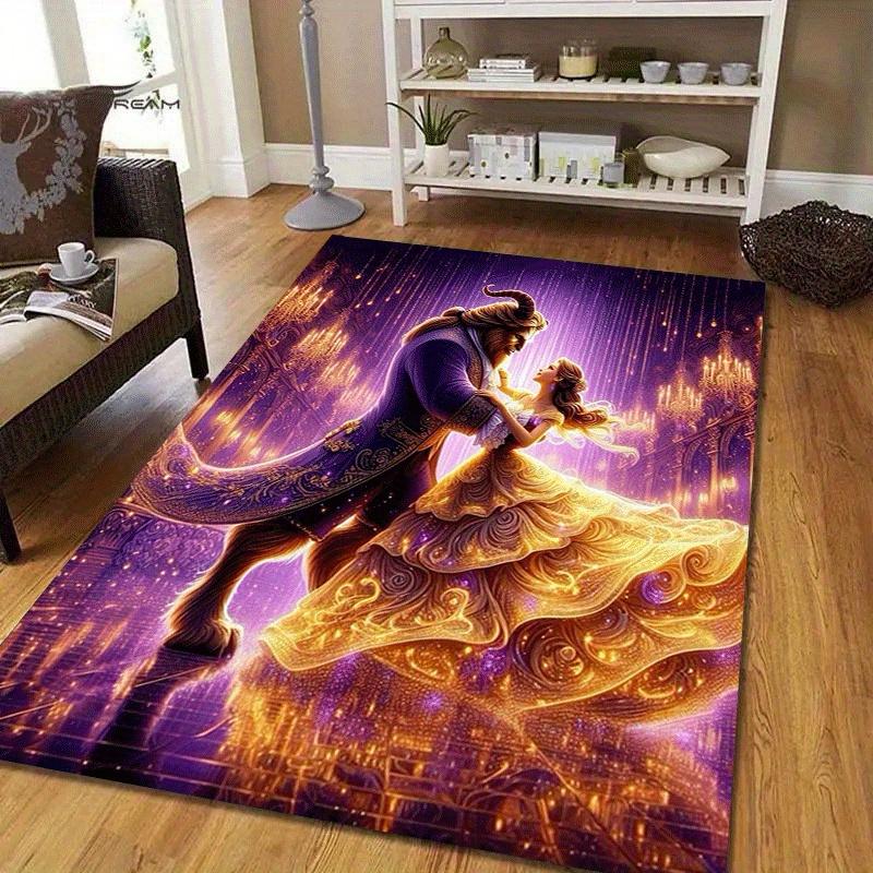 1pc Beauty and The Beast Pattern Area Rug Soft Flannel Floor Mat for Living Room,Office,Bedroom and Carpet,Sofa Coffee Table Floor Mat