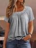 Women New O Neck Button Decoration Pleated T-Shirt Summer Solid Color Short Sleeve Tops Female Comfortable Casual Commuter Tees