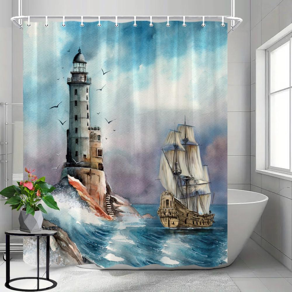 Coastal Lighthouse Shower Curtain, Beach Theme Shower Curtain with Blue Wooden Boats and Seagulls, Bathroom Decor with Hooks