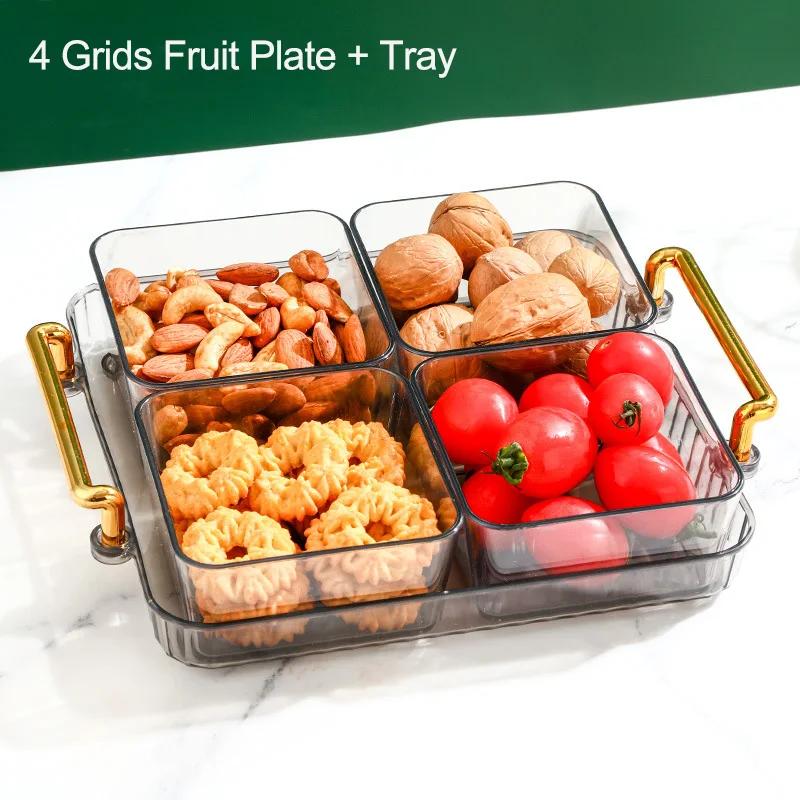 Dried Fruit Plate 2/4/6 Grids Light Luxury Divided Fruit Plate Snack Dish Candy Nuts Household Plastic Tray Snack Dessert Tray