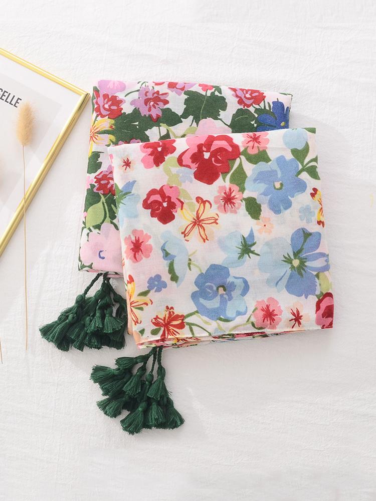 Cotton Linen Women Silk Scarf Soft Floral Tassel Shawl Foulard Femme Mujer Pareo Muffler Bufanda Stoles Hijab Bandana Summer