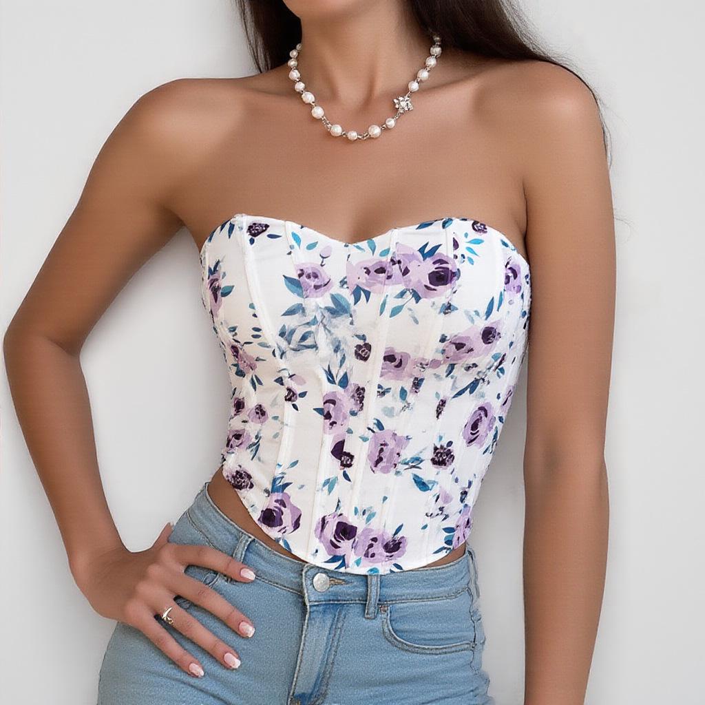 European & American Sexy Backless Floral Fishbone Camisole