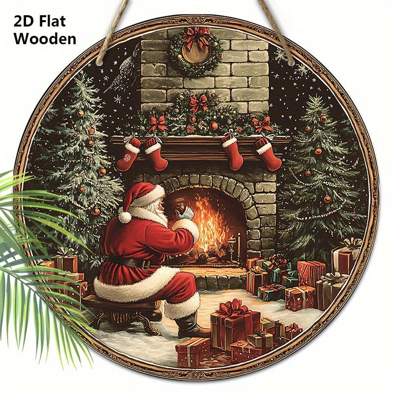 Vintage Wooden Christmas Sign with Santa Claus & Fireplace Pattern, Christmas Eve Round Sign for Front Door Wall Hanging Decor, Ideal Christmas Gift