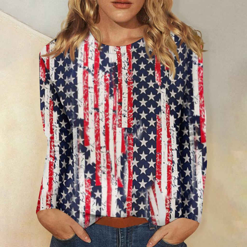 Womens Spring Tops Long Sleeve Patchwork Star Print Casual Crewneck Summer Shirts for Women Comfortable Fit