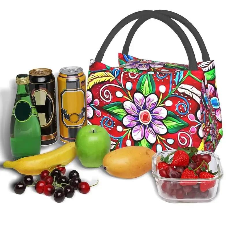 Boho Floral Mexican Flowers Insulated Lunch Bags for Women Resuable Thermal Cooler Lunch Box Beach Camping Travel Lunchbag