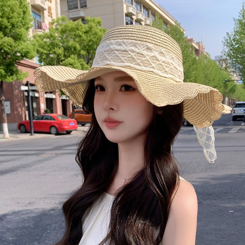 Bow Lace Straw Hat Women's Summer Seaside Beach Basin Hat Big Brim Outdoor Vacation Sun Hat