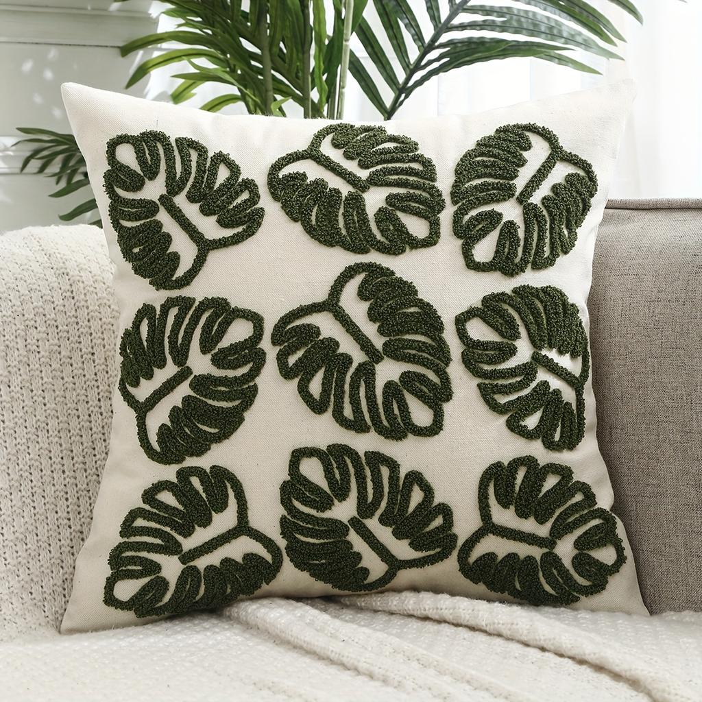 Spring Summer Home Hotel American Woven Throw Pillow Cover Leaves Embroidery Square 18x18 Inch Canvas Pillow Cover Invisible