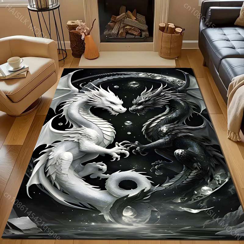 1PC White and black dragons facing Carpet for Living Room Bedroom Sofa Home Decor Rus Non-slip Floor Mat Luxury Gift