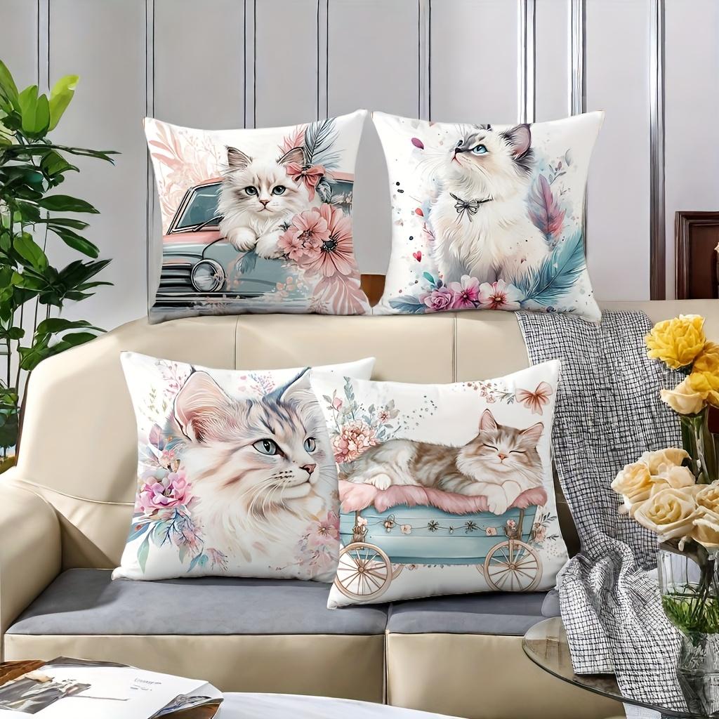 Cute Cat Floral Printed Cushion Pillow Home Decor Polyester Pillowcase, Sofa Decorative Cushion Cov Headboard Pillow