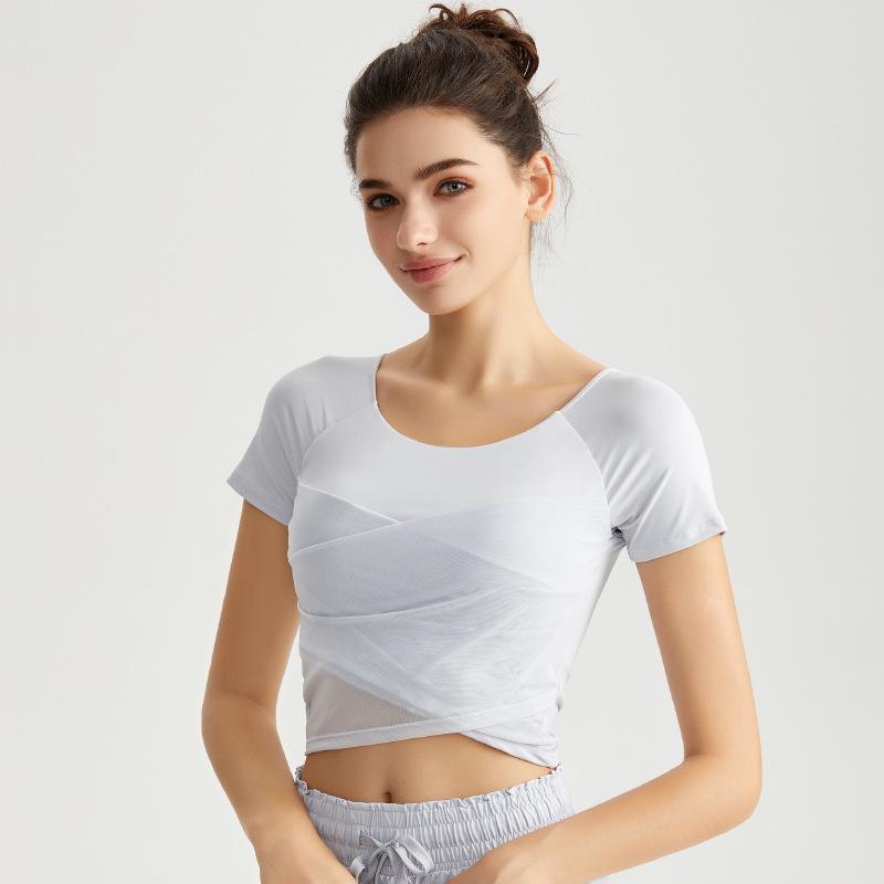 Chinese Style Women's Summer Yoga Top – Short Sleeve, Fixed Cups, Cross Mesh, Pleated, Slim Fit Sports Wear