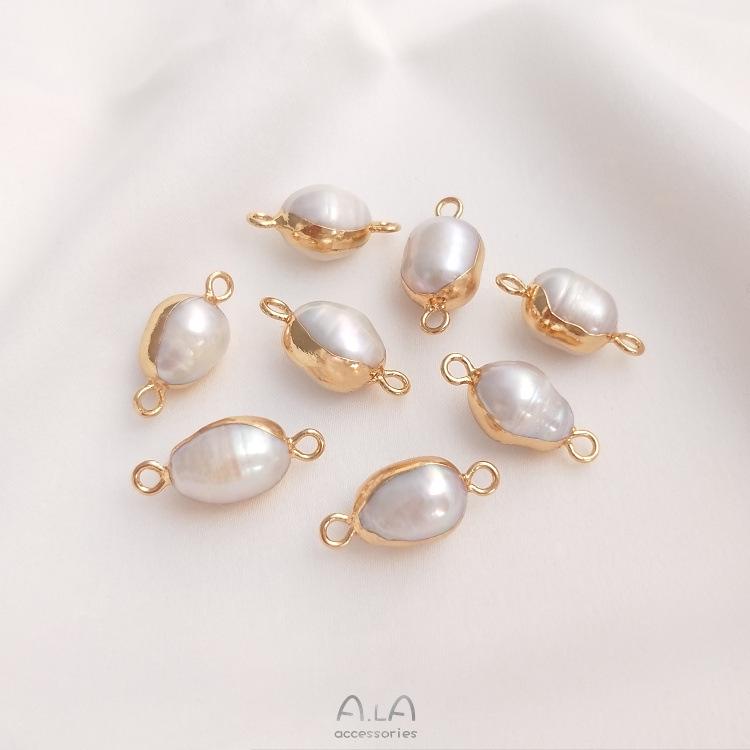 Natural Baroque Irregular Pearl Double Hole Rice Bead Flat Round Pendant for Handmade DIY Bezel Setting