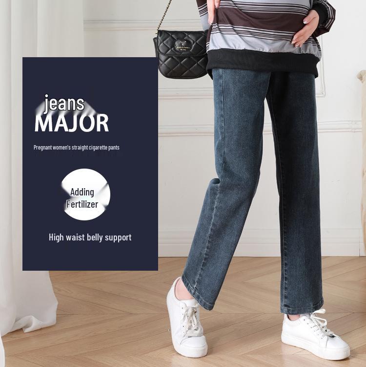 High Waist Elastic Maternity Jeans: Slimming, Straight Leg, Plus Size Denim for Spring.