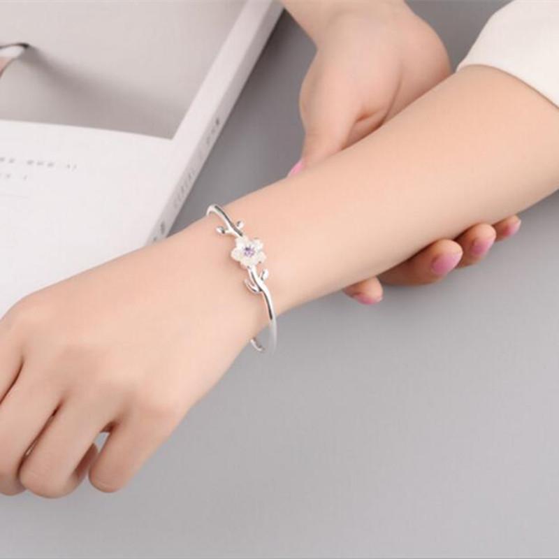 New Creative Fashion 925 Silver Jewelry Bracelets Crystal Female Cherry Flowers Handmade Bangles Gift SL059
