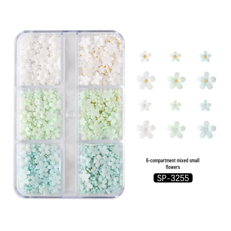 6-Grid Nail Art Set: Resin Mix, Pearls, Steel Beads, Macaron & Candy Color Flowers 3D Decor.
