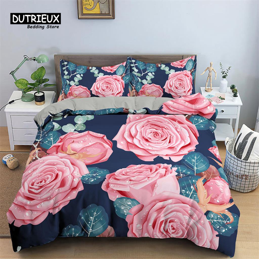 Romantic Flower Duvet Cover Rose Floral Bedding Set Microfiber Comforter Cover King For Girl Women Wedding Valentine's Day Decor