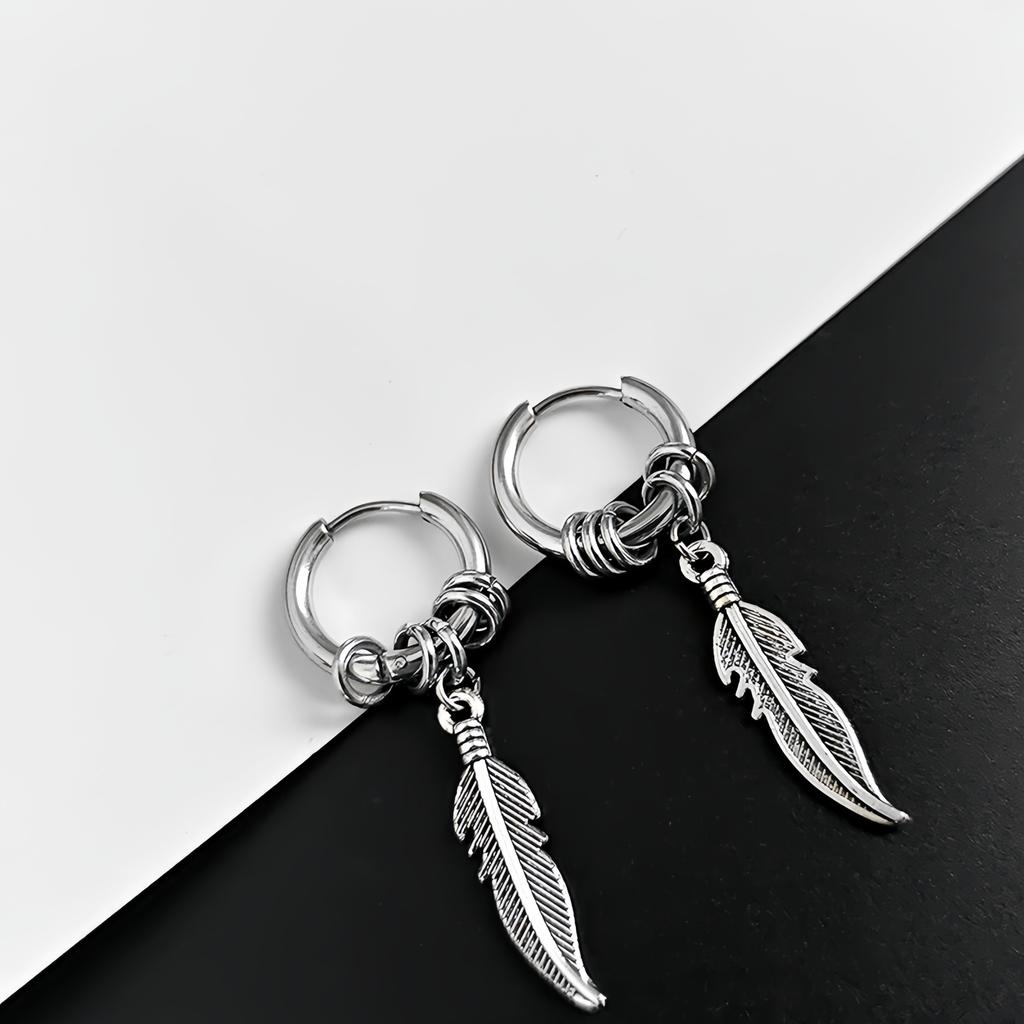 1Pair Leaf Feather Black Stainless Steel Piercing Hoop Earring for Male Women Punk Vintage Jewelry Y2K Accessories Trend Unusual