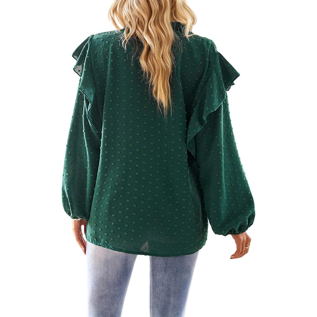 Women's V,Neck Lace Patchwork Blouse With Ruffled Sleeves