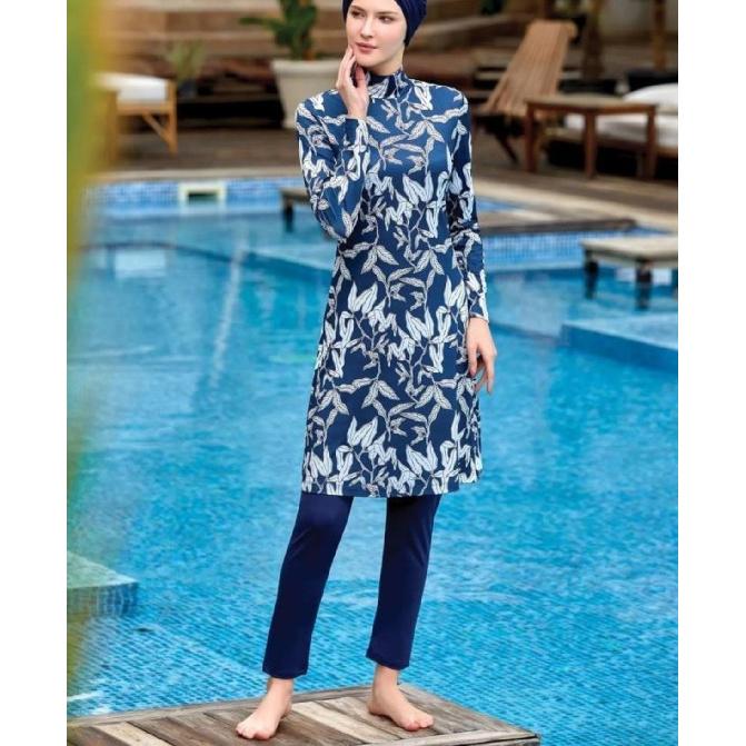 Todelt muslimsk dame beskjeden badedrakt med bladtrykk for sjøen, sett med badedrakt med full dekning, strandtøy, burkini badedraktsett, flerfarget valg (ikke hodeskjerf