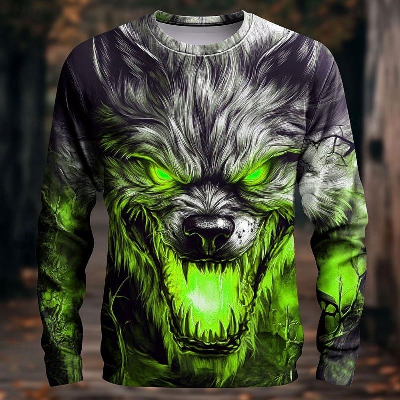 Camisetas de Manga Comprida com Estampa de Lobo Engraçada para Homens Streetwear Trendy Tops Casuais Camisetas Casuais Roupas