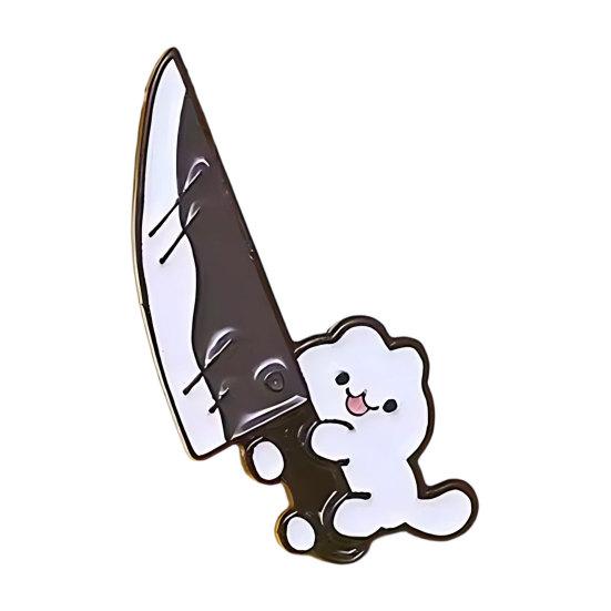 Novelty White Cat Holding Knife Enamel Brooch Pin Cute Cartoon Animal Lapel Pin A