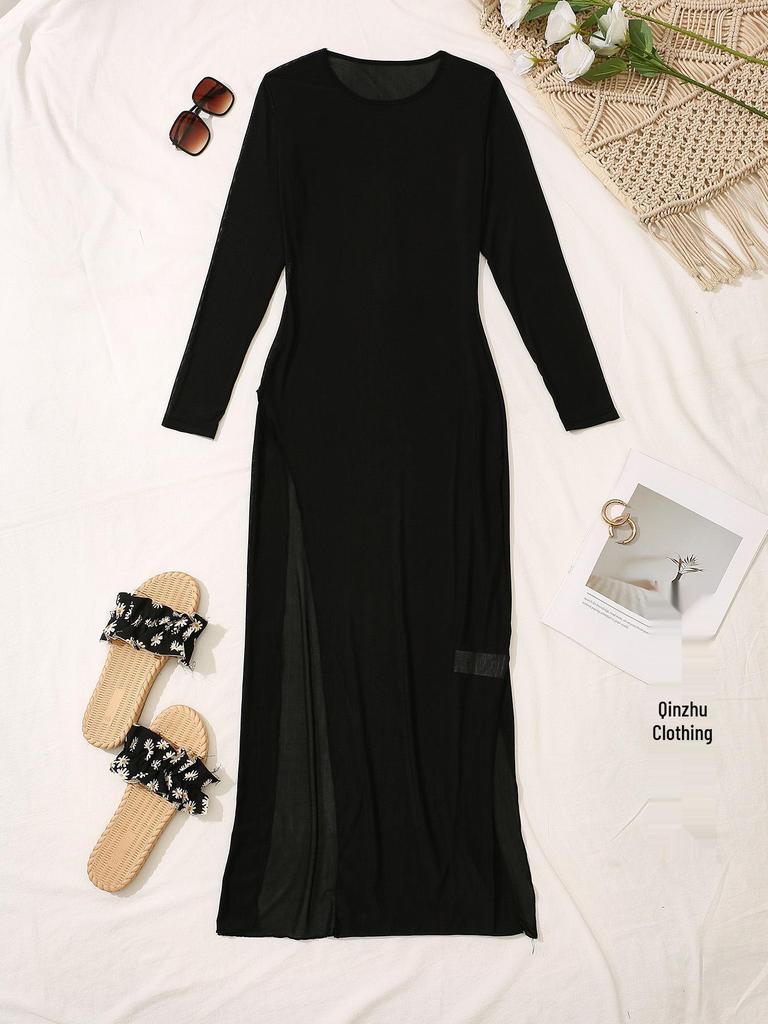 2024 Beach Vacation Mesh Swimsuit Long Cover-Up Dress - Sexy Round Neck Transparent Bikini Cover-Up